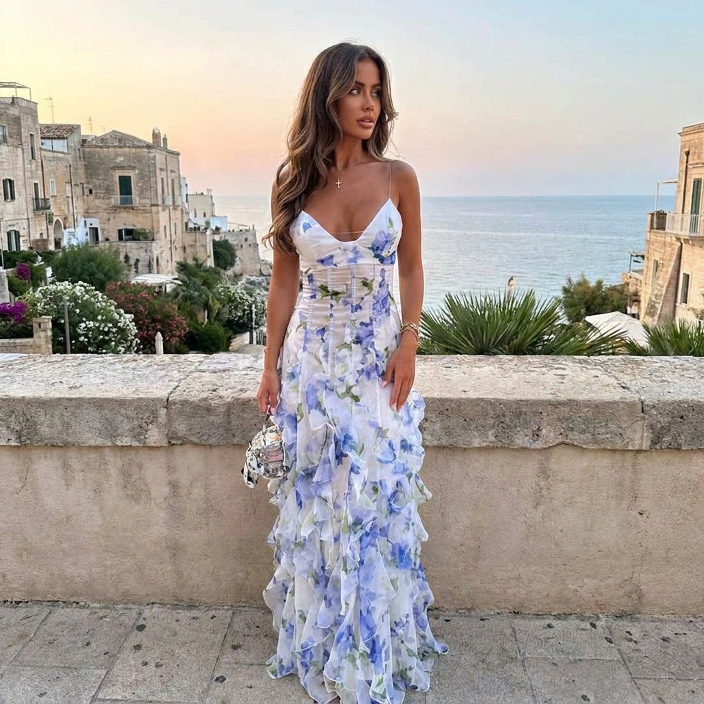 Sukienka Maxi Gorsetowa, Kwiatowy Print, Falbaniasta Spódnica