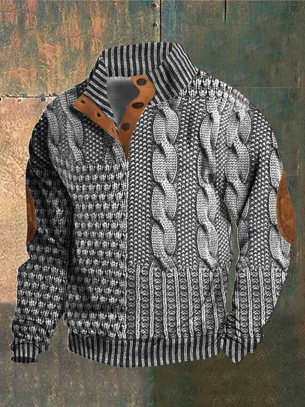 Męski sweter dzianinowy ze wzorem warkoczowym, stójką i guzikami