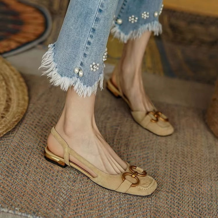 Damskie zamszowe baleriny slingback z metalową klamrą