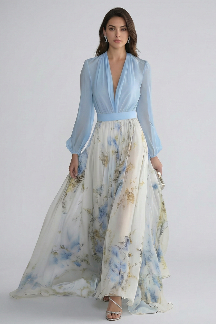 Damska Sukienka Maxi z Dekoltem V i Przezroczystymi Rękawami