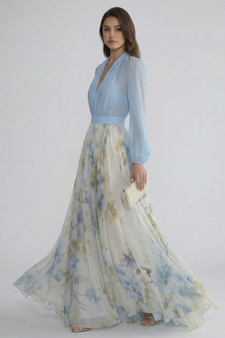 Damska Sukienka Maxi z Dekoltem V i Przezroczystymi Rękawami