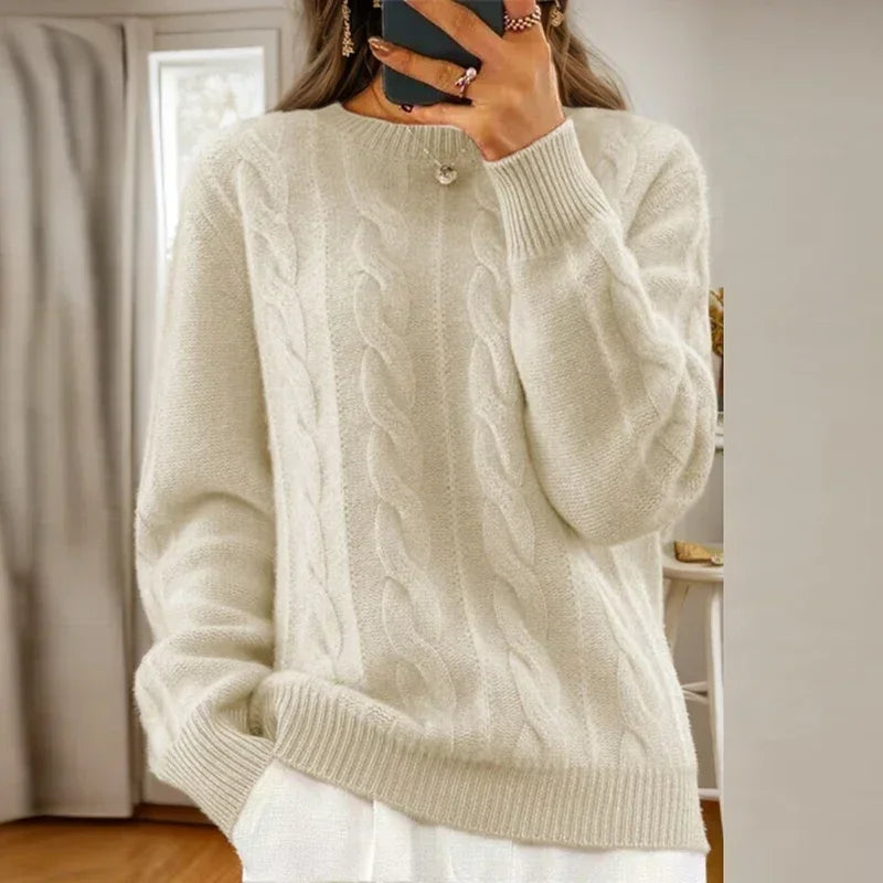 Damski sweter dzianinowy w warkoczowy wzór z okrągłym dekoltem