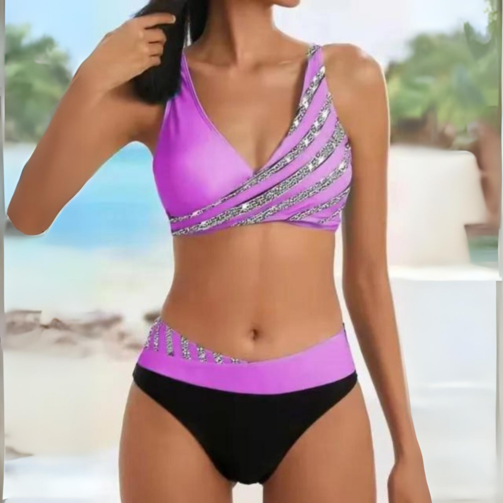 Damski Komplet Bikini Colorblock — Dwuczęściowy Strój z Kontrastem