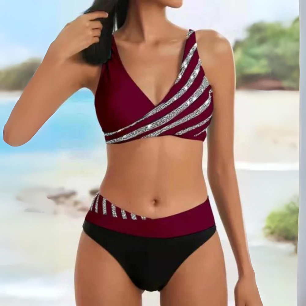 Damski Komplet Bikini Colorblock — Dwuczęściowy Strój z Kontrastem