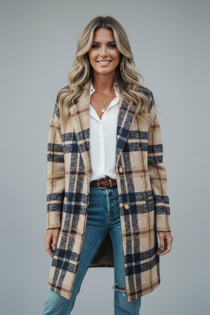 Damski Płaszcz z Zapięciem na Guziki i Kieszeniami