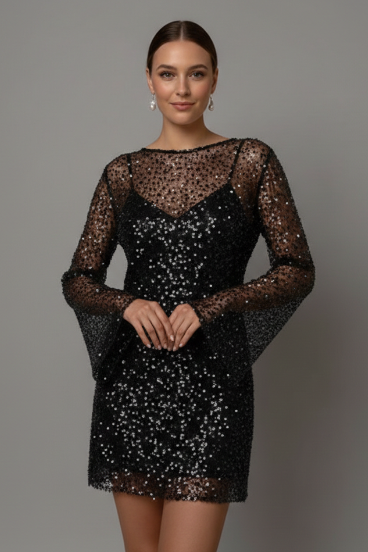 Damska Sukienka Mini z Siatkową Warstwą i Bezrękawnikową Podszewką