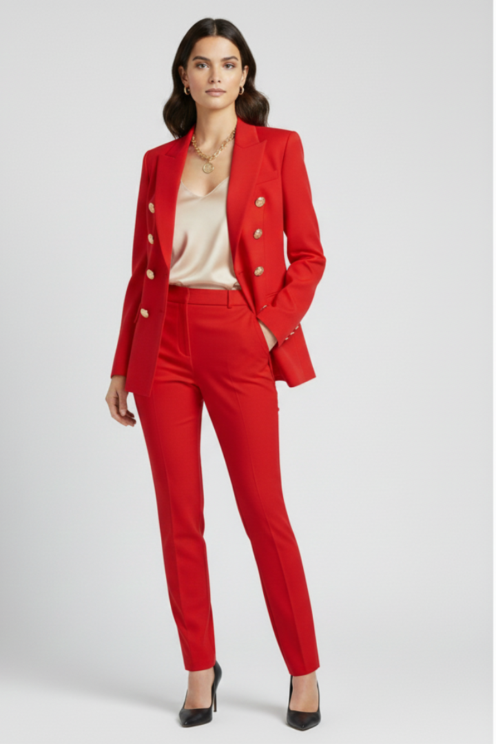 Damski Dwurzędowy Blazer ze Złotymi Guzikami i Kołnierzem z Wycięciem