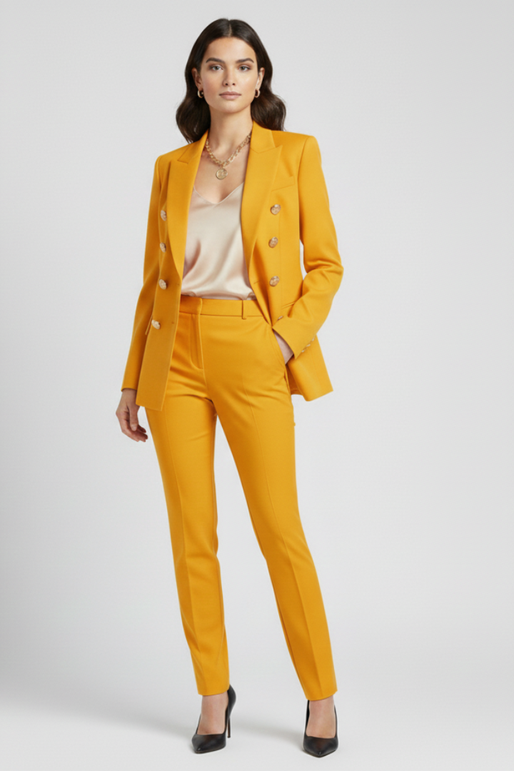 Damski Dwurzędowy Blazer ze Złotymi Guzikami i Kołnierzem z Wycięciem