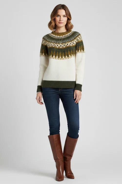 Damski Sweter z Okrągłym Dekoltem i Wzorem Fair Isle