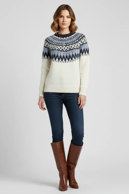Damski Sweter z Okrągłym Dekoltem i Wzorem Fair Isle