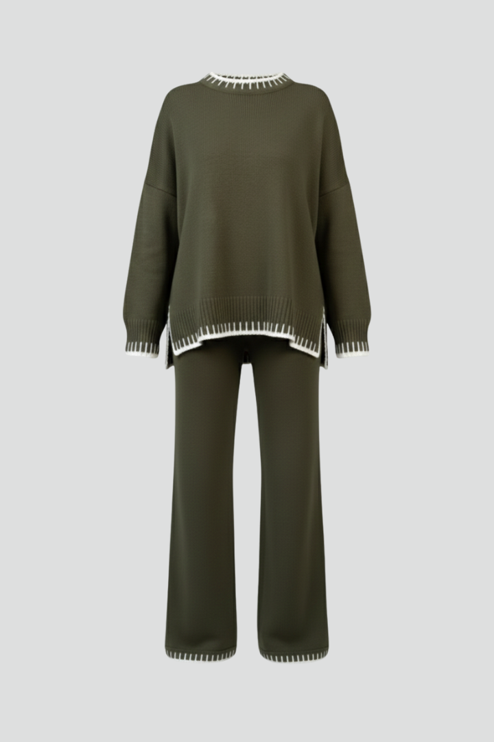 Damski Dzianinowy Komplet Loungewear z Luźnym Topem i Szerokimi Nogawkami - Zielony