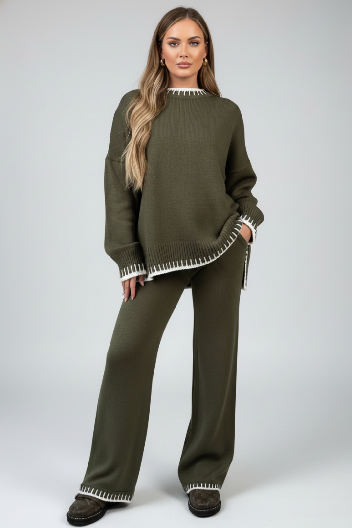 Damski Dzianinowy Komplet Loungewear z Luźnym Topem i Szerokimi Nogawkami