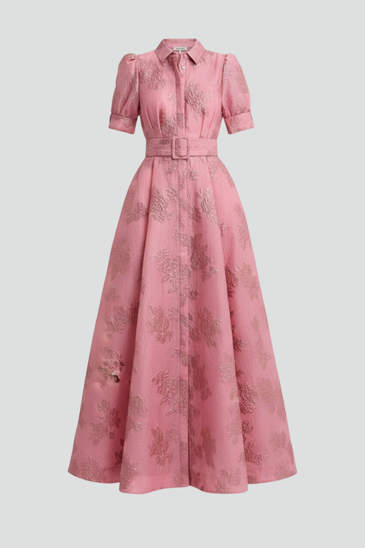 Damska Sukienka Maxi z Krótkimi Rękawami i Paskiem w Talii