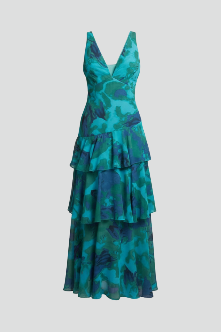 Damska Sukienka Maxi z Warstwowym Dołem i Dekoltem w Serek