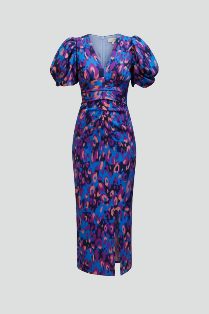 Damska Sukienka Midi z Bufkami i Marszczoną Talią