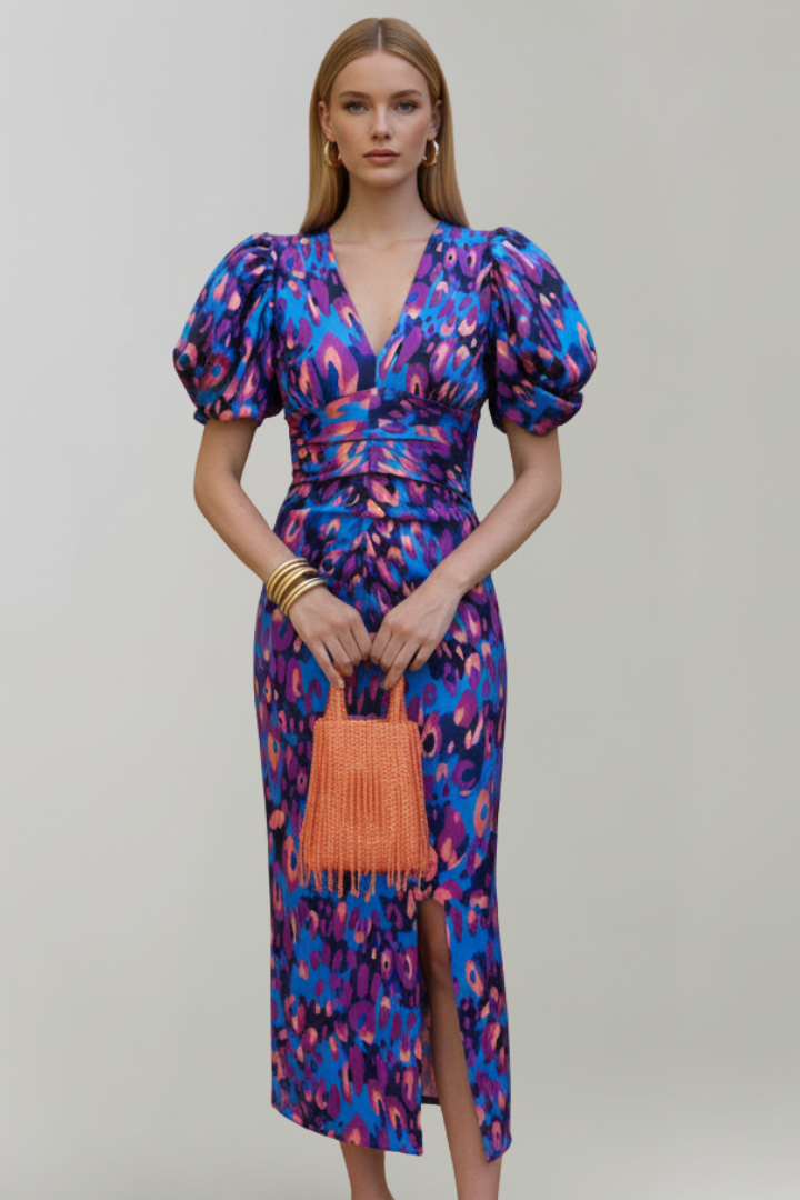 Damska Sukienka Midi z Bufkami i Marszczoną Talią