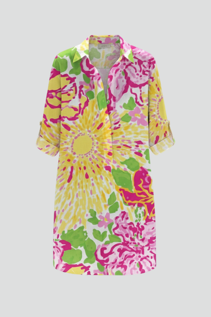 Damska Sukienka Koszulowa z Kołnierzykiem i Listwą Guzikową