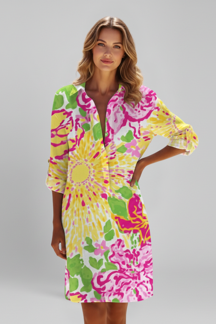 Damska Sukienka Koszulowa z Kołnierzykiem i Listwą Guzikową