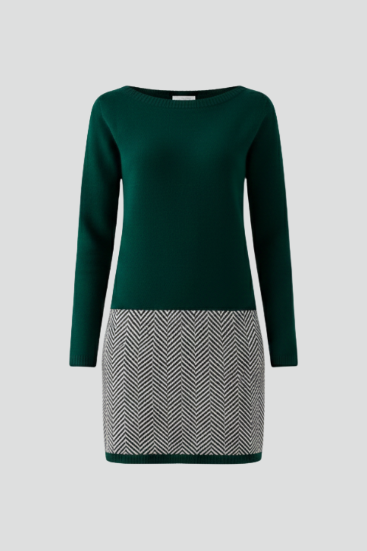 Damska Sukienka z Okrągłym Dekoltem i Wzorzystym Dołem