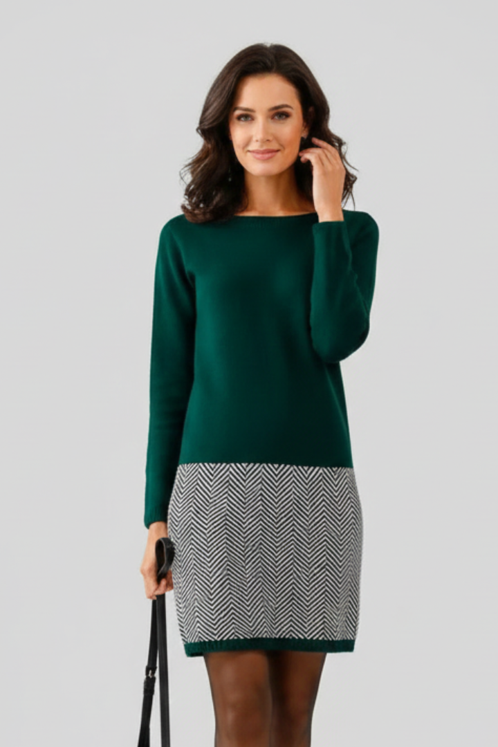 Damska Sukienka z Okrągłym Dekoltem i Wzorzystym Dołem