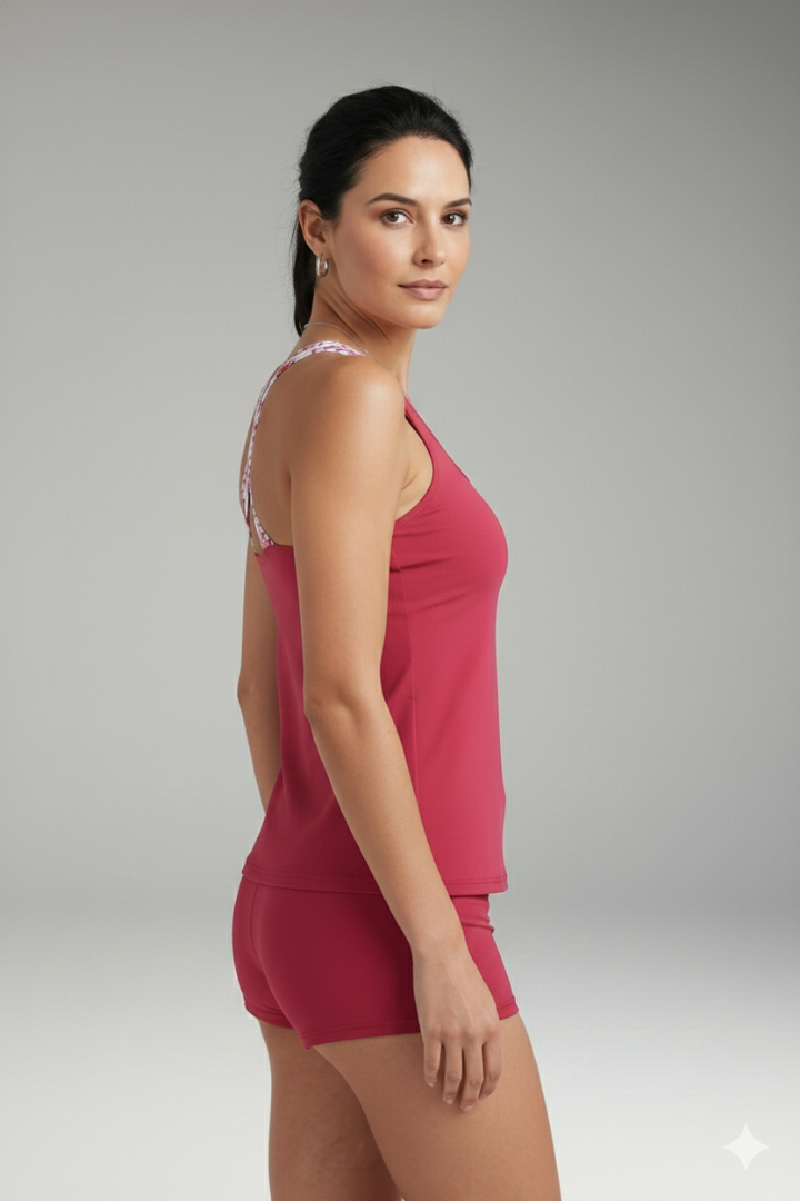 Damski Komplet Tankini z Topem Racerback i Szortami - Różowy