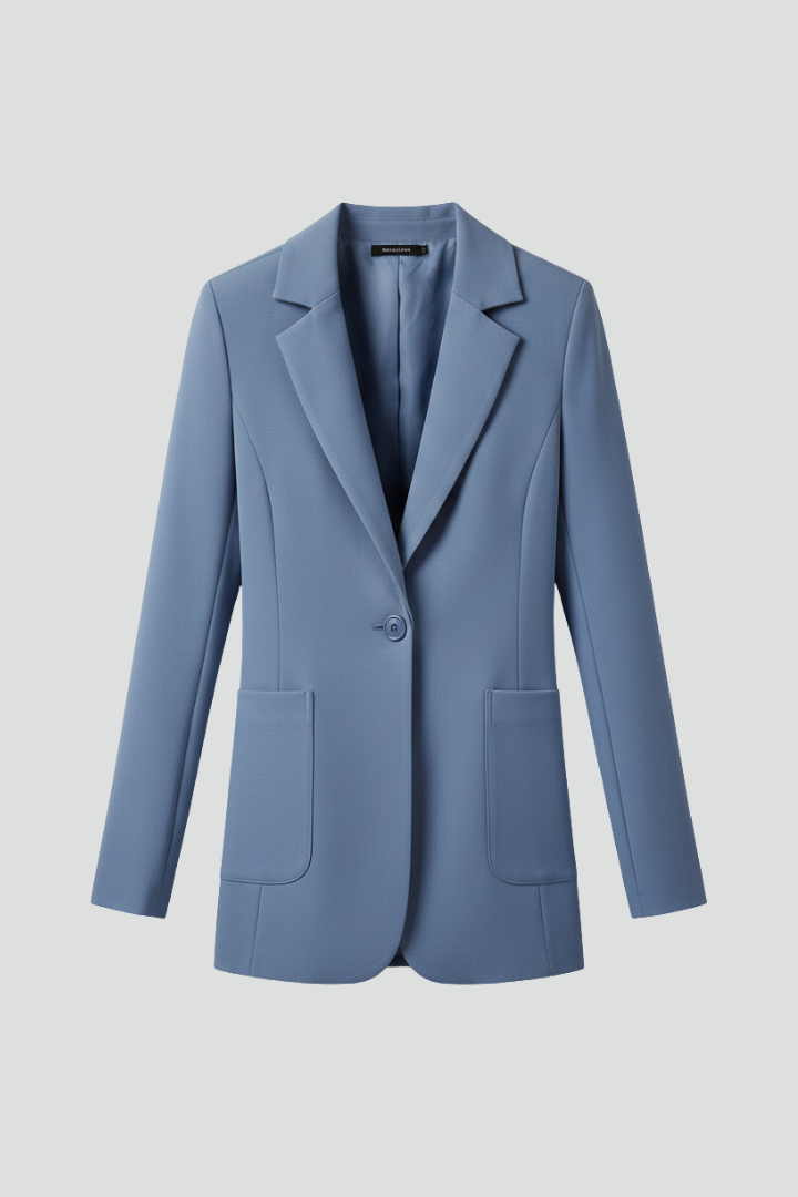 Damski D艂ugi Blazer z Ko艂nierzem z Wyci臋ciem i Naszywanymi Kieszeniami