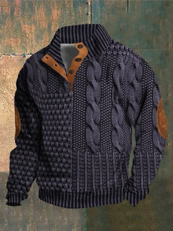Męski sweter dzianinowy ze wzorem warkoczowym, stójką i guzikami