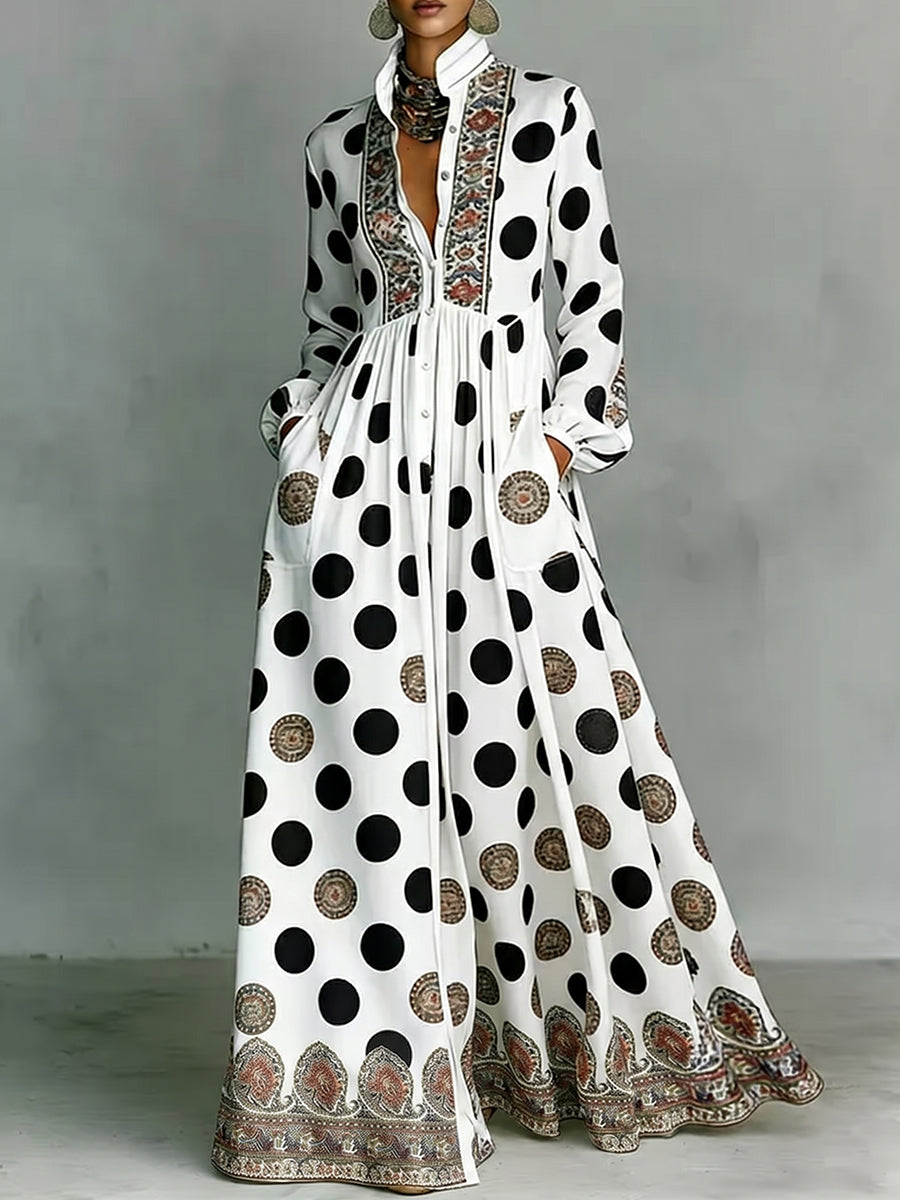 Damska sukienka maxi w grochy z kołnierzykiem stójką, długim rękawem i kieszeniami