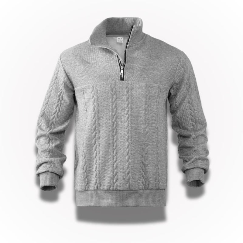 Męski sweter ze stójką, zamkiem i splotem warkoczowym