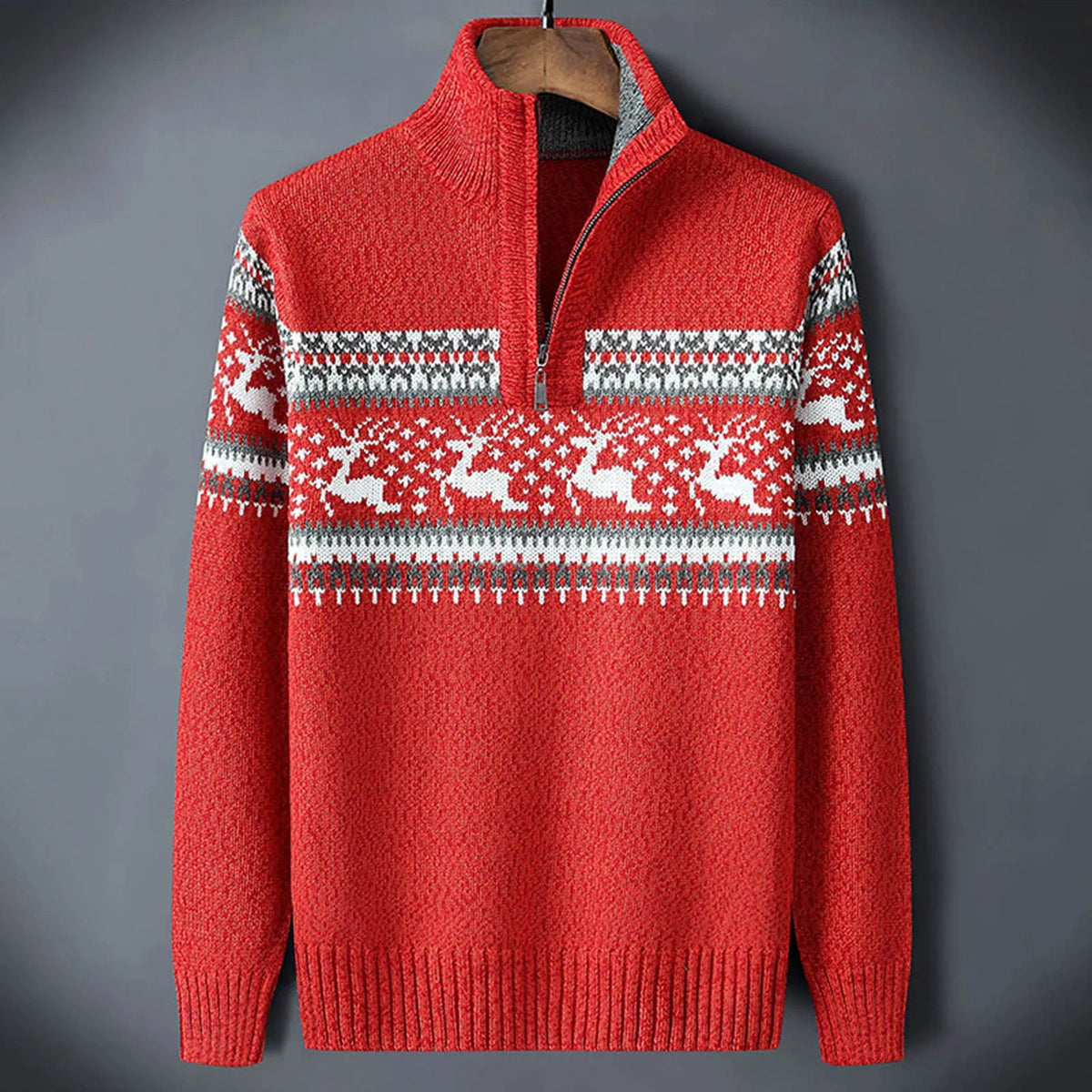 Męski sweter dzianinowy ze stójką, zamkiem i zimowym wzorem