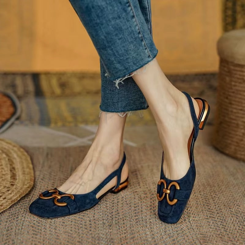 Damskie zamszowe baleriny slingback z metalową klamrą