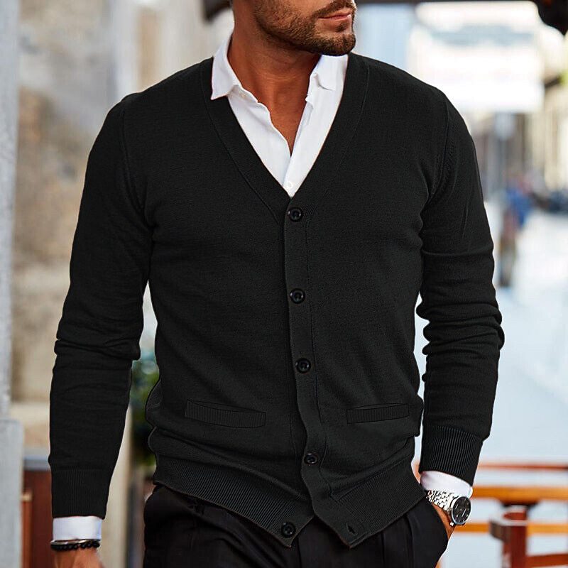 Męski kardigan z dekoltem V, długim rękawem i zapięciem na guziki