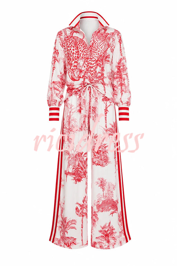 Completo donna a motivo vegetale rosso, camicia e pantaloni