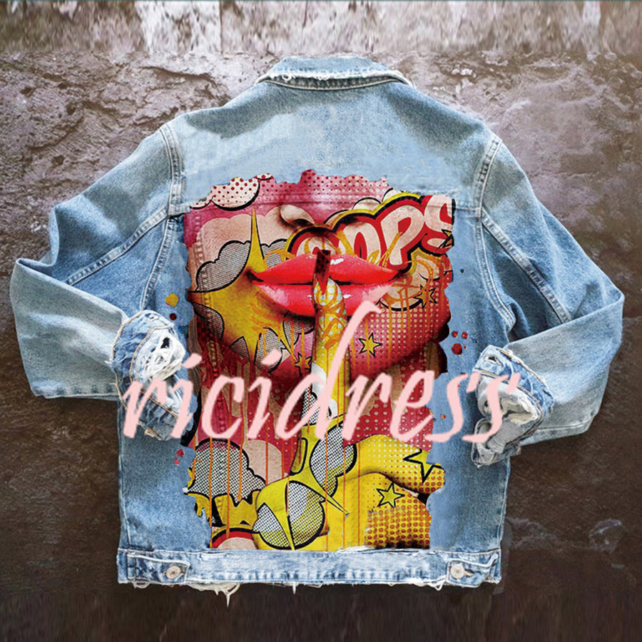 Veste en jean femme à manches longues et imprimé