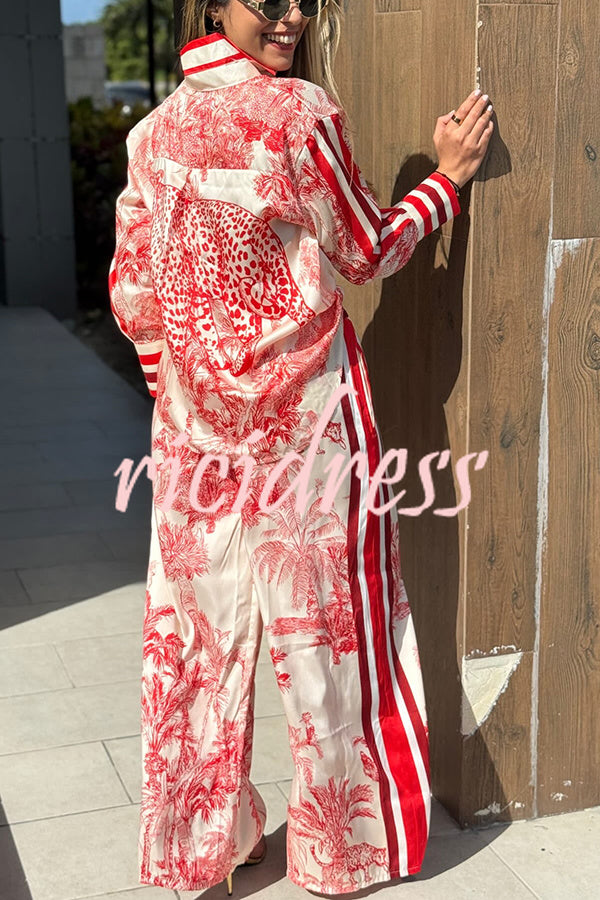 Completo donna a motivo vegetale rosso, camicia e pantaloni