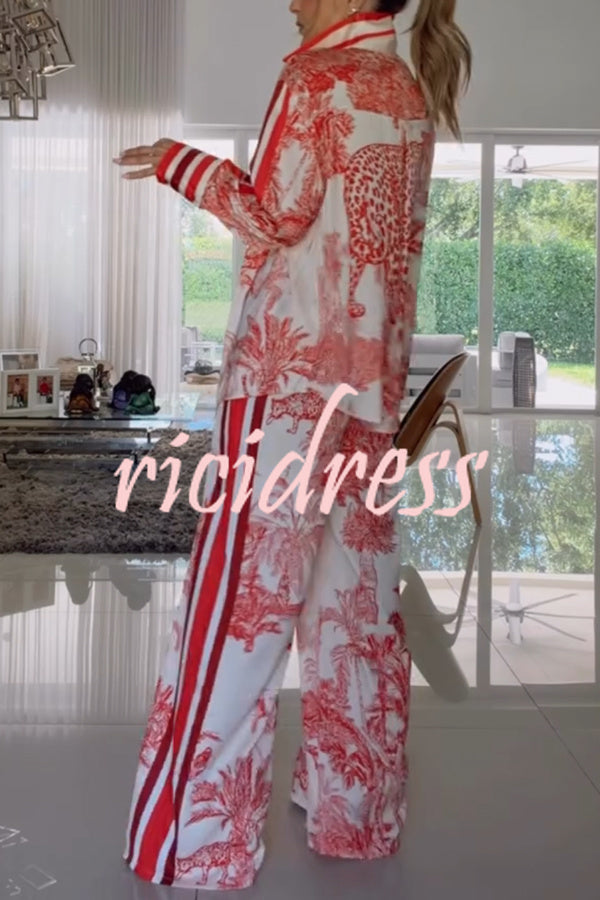 Completo donna a motivo vegetale rosso, camicia e pantaloni