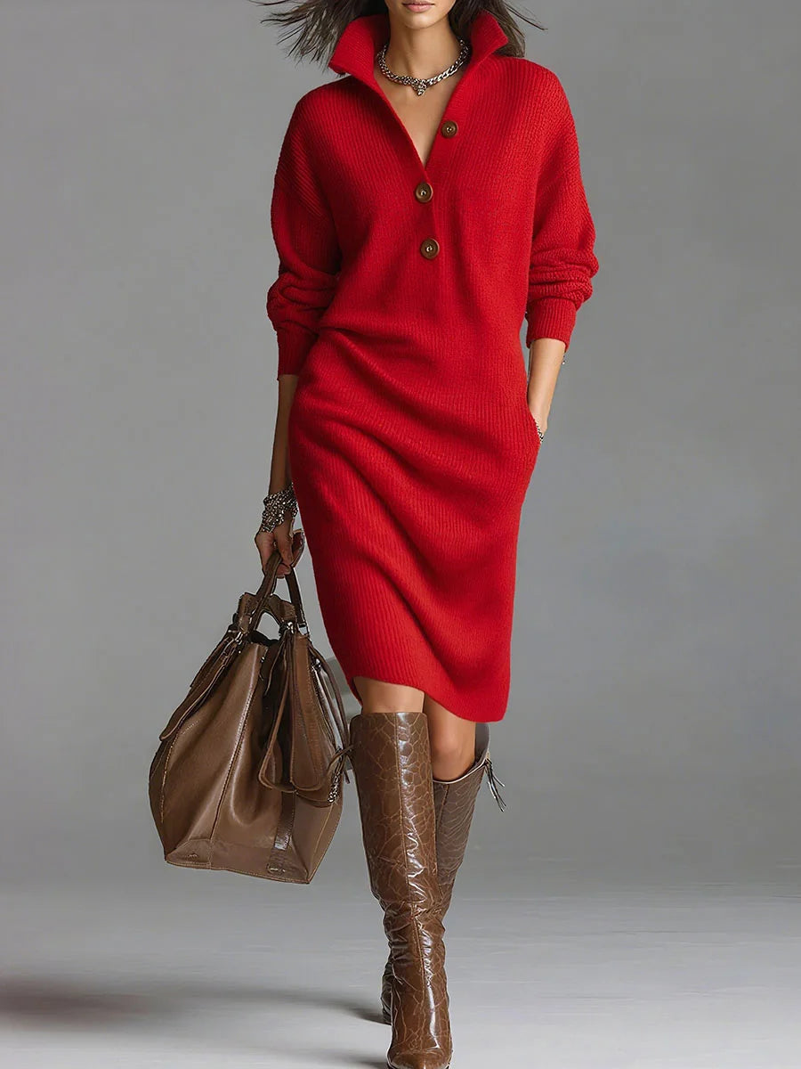 Robe midi femme en maille à col montant et boutons
