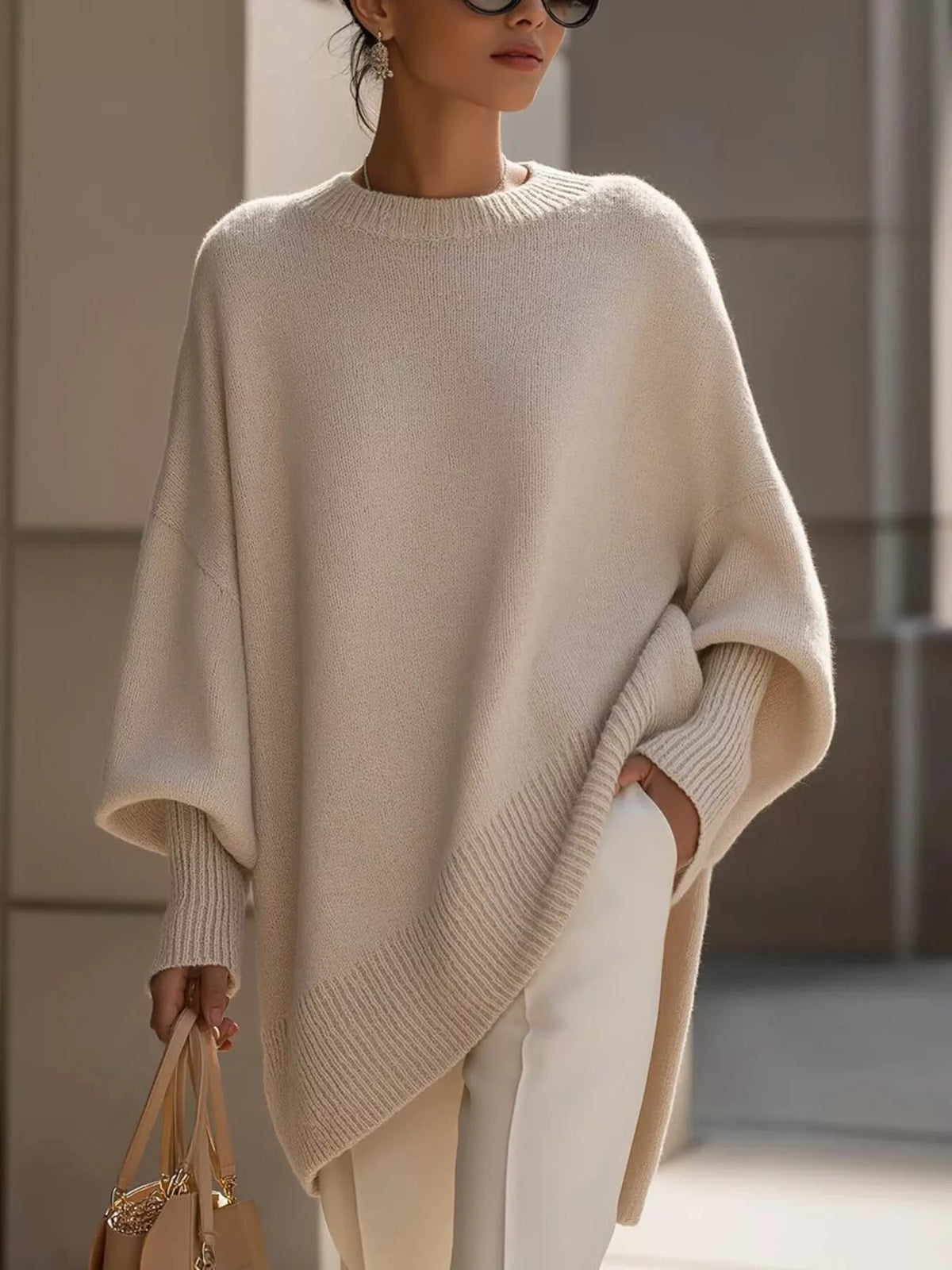 Pulover oversize de damă cu manșete striate și bază asimetrică