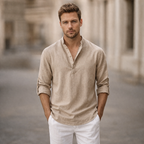 Chemise homme à col mao, manches longues, fermeture boutonnée