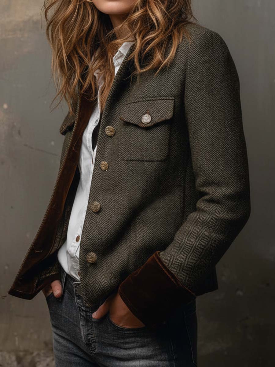 Olivengrøn blazer til damer med sildebensmønster og kontrasterende kant