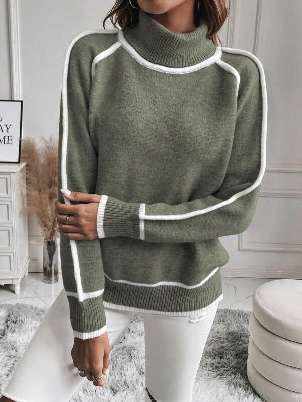 Jersey verde de mujer de cuello alto con ribetes en contraste