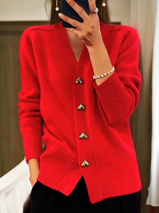Cardigan femme col V à boutons en forme de cœur