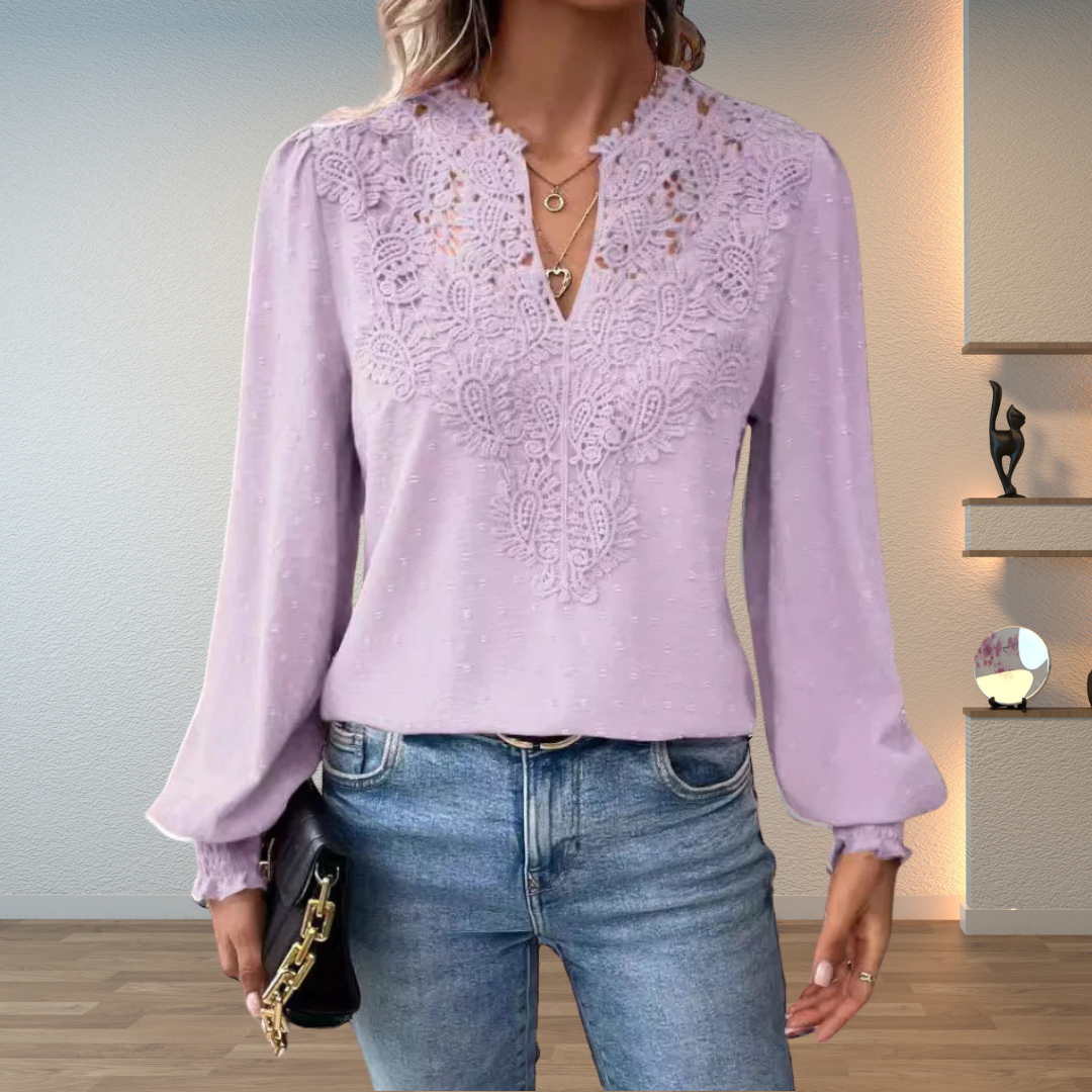 Camicetta donna in pizzo con scollo a V e maniche lunghe