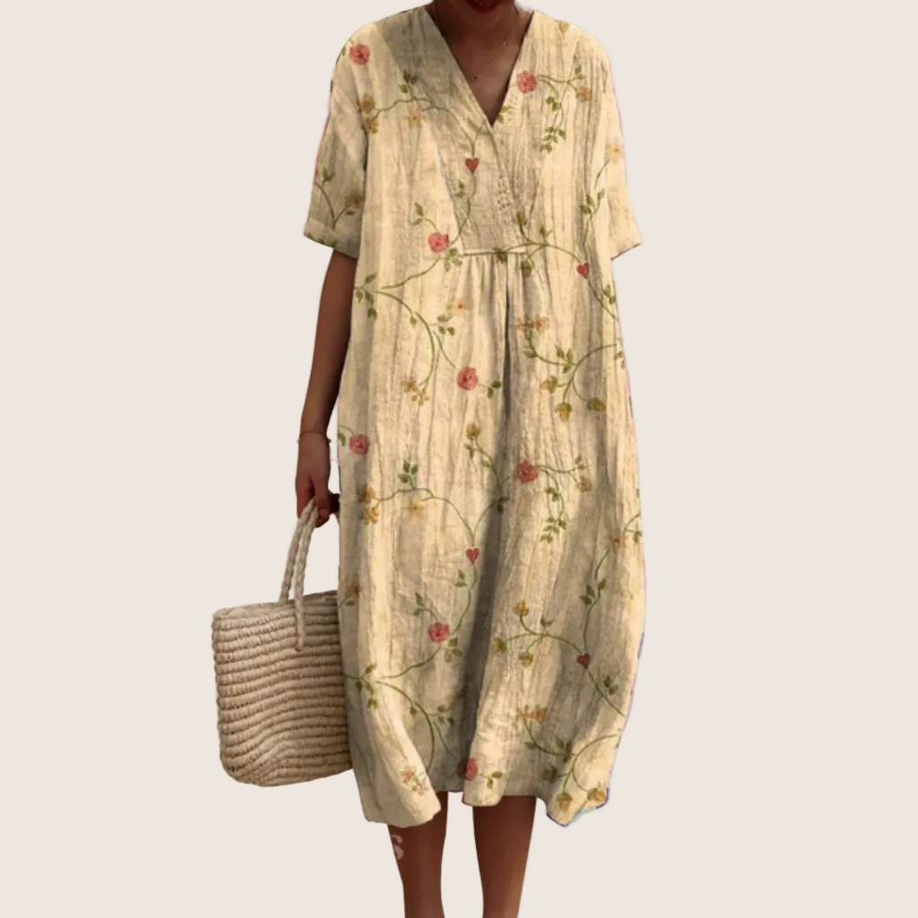 Rochie de vară înflorată de damă, croi vaporos, pentru zi cu zi