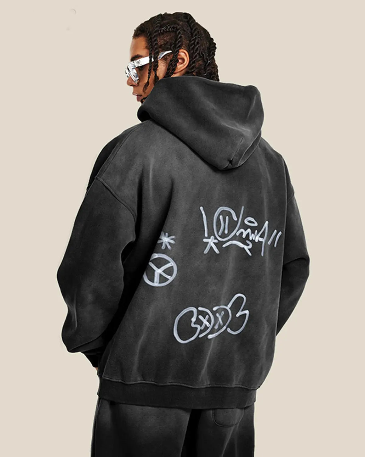Unisex hættetrøje med lynlås og graffitiprint