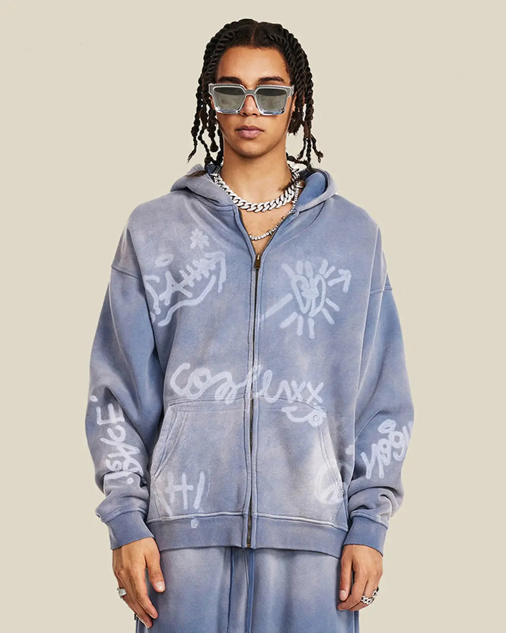 Unisex hættetrøje med lynlås og graffitiprint