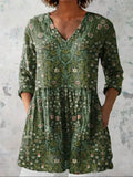 Tunica donna a fiori, scollo a V, manica 3/4, verde