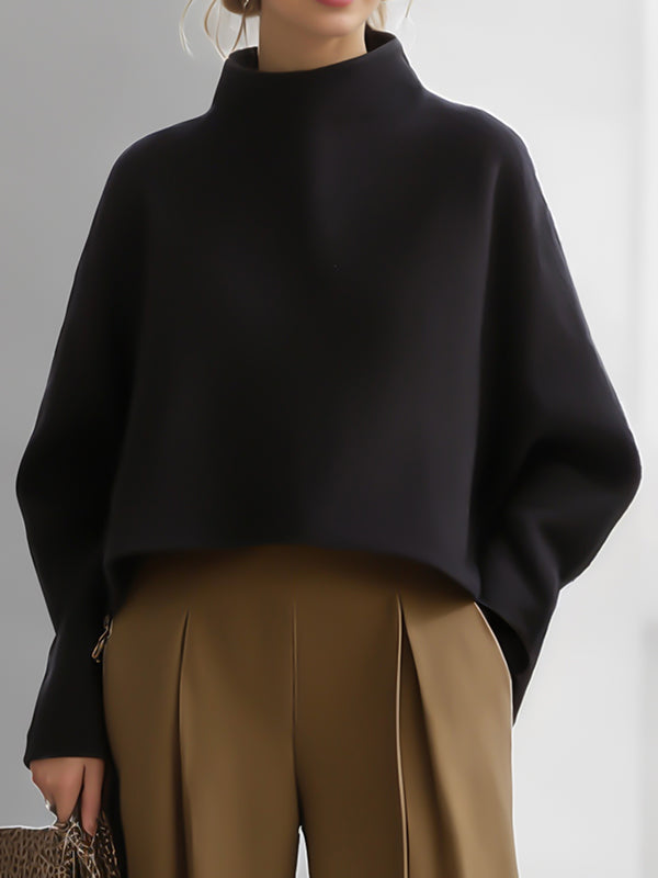 Sort kort sweatshirt til damer med høj krave og lange ærmer