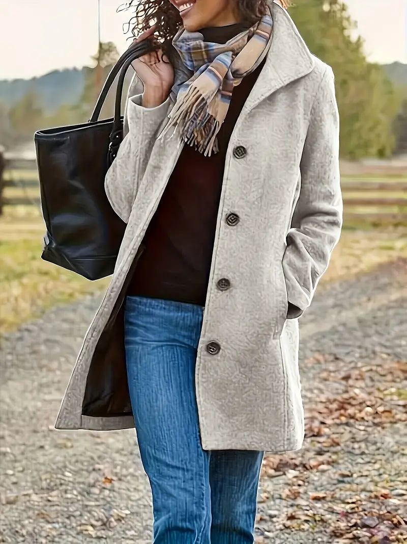 Manteau midi femme texturé, col à revers, boutons
