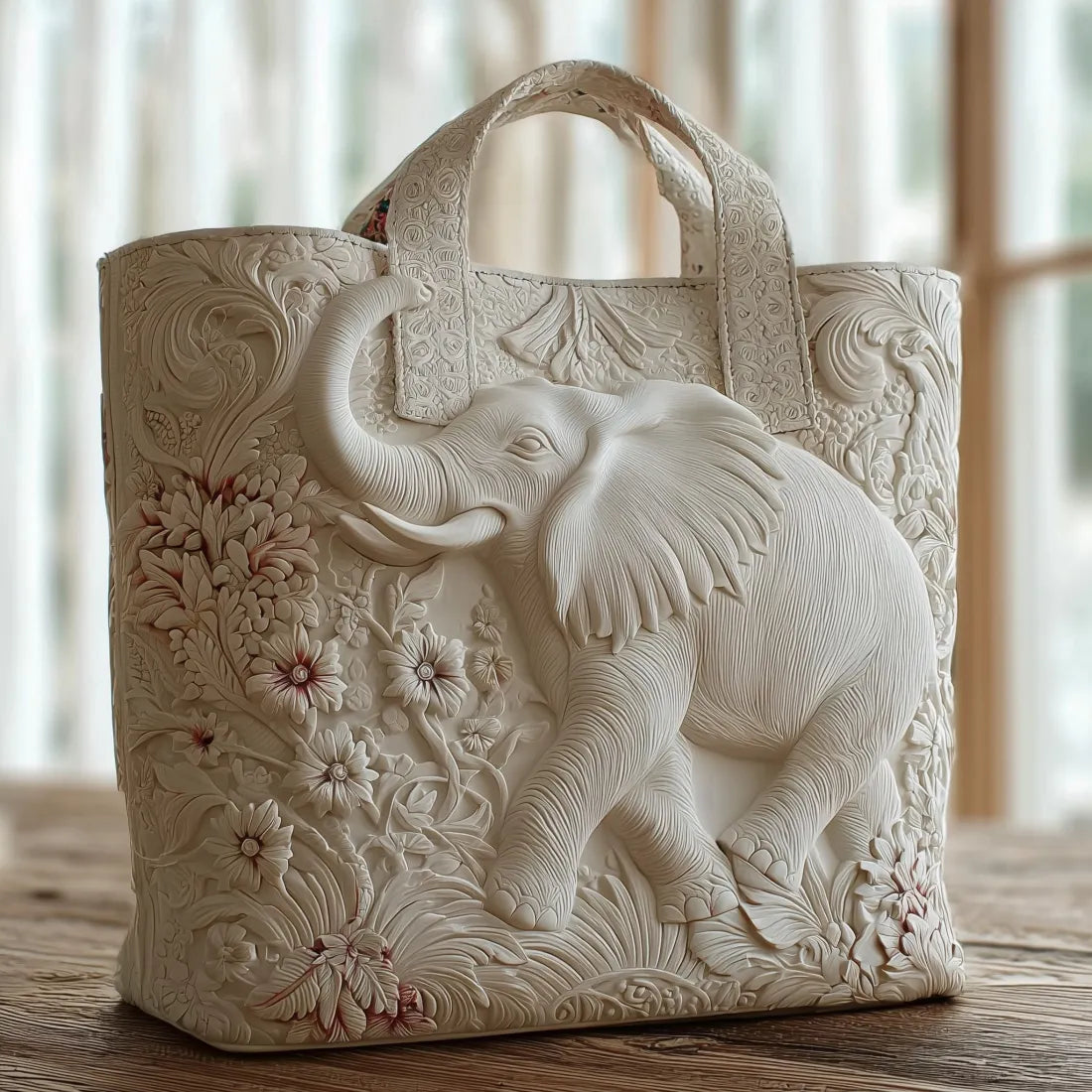 Beige taske til damer med relief af elefant og blomster